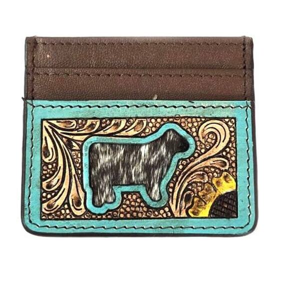 Western Tooled Cow Cutout Leather Card Holder - Picture 1 of 1